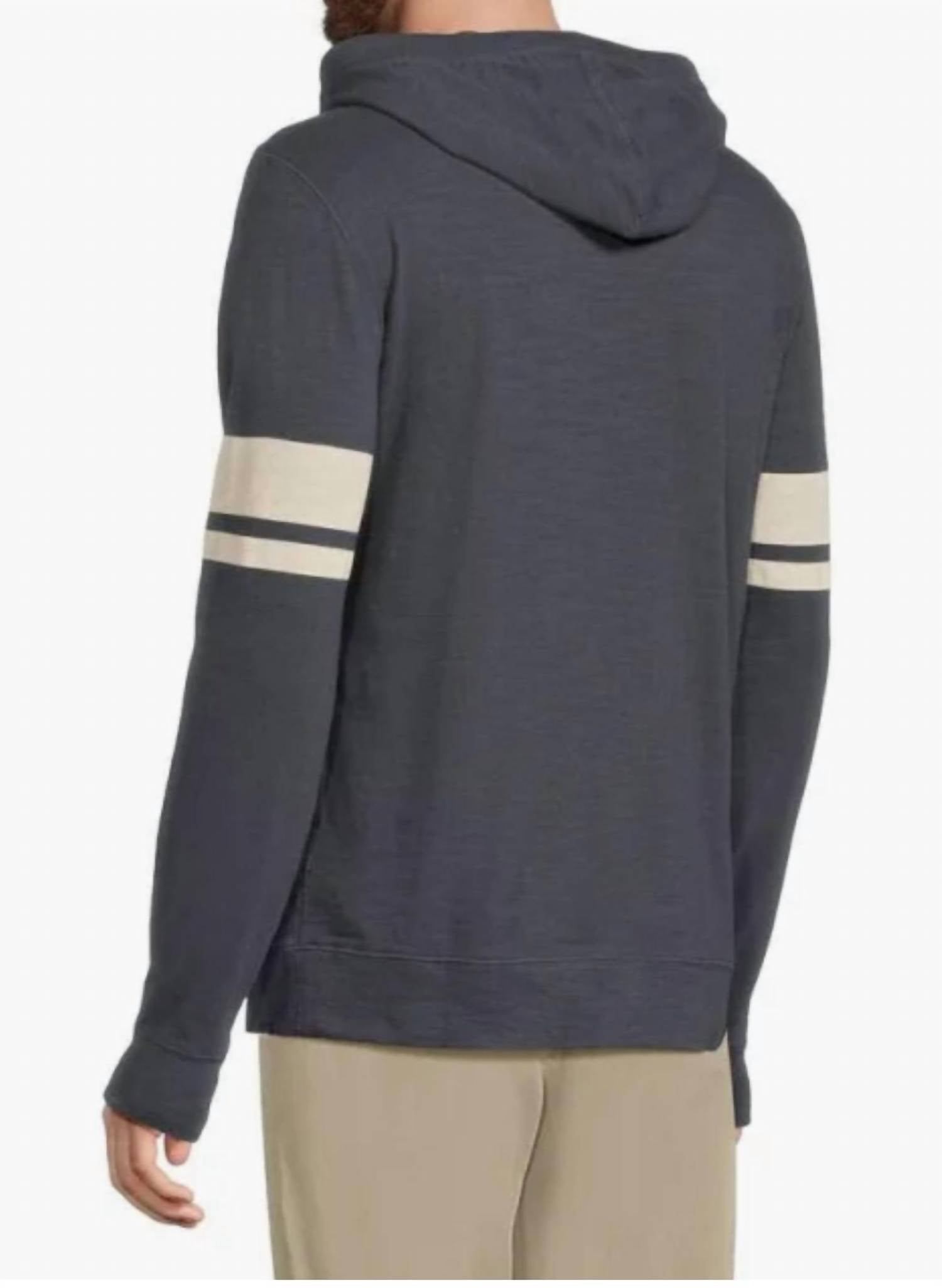 Faherty Sunwashed Slub Hoodie in navy dune strip - men's shirt - detail view