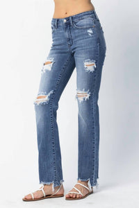 Judy Blue - Distressed Mid Rise Straight Leg Jeans - Plus