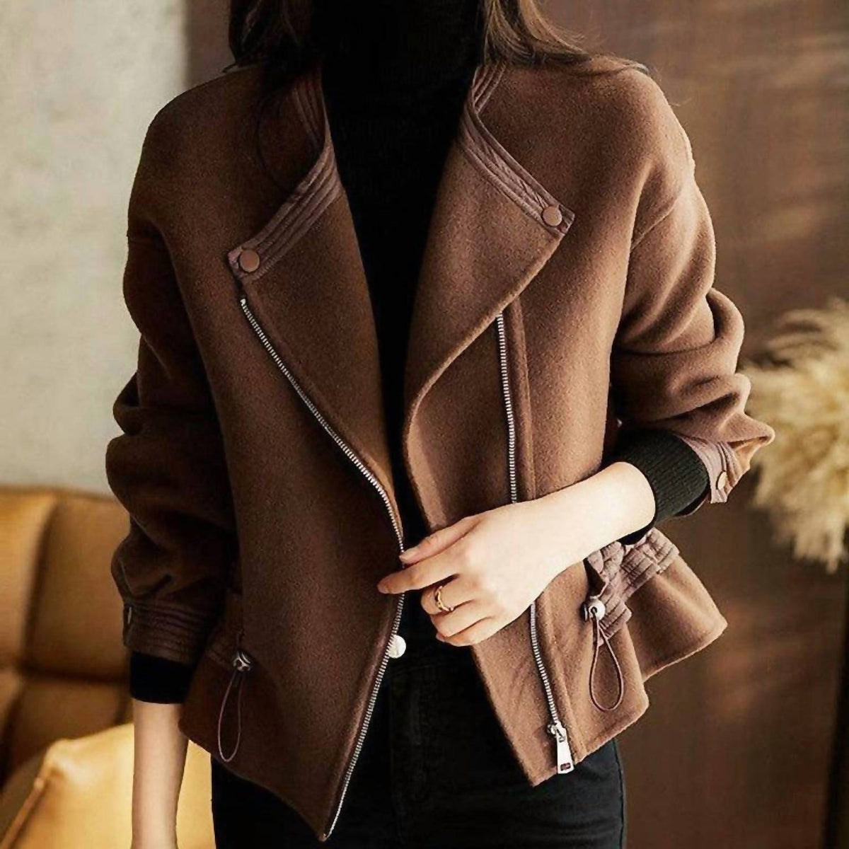 Uzwholesale - Short Solid Color Drawstring Waist Woolen Coat