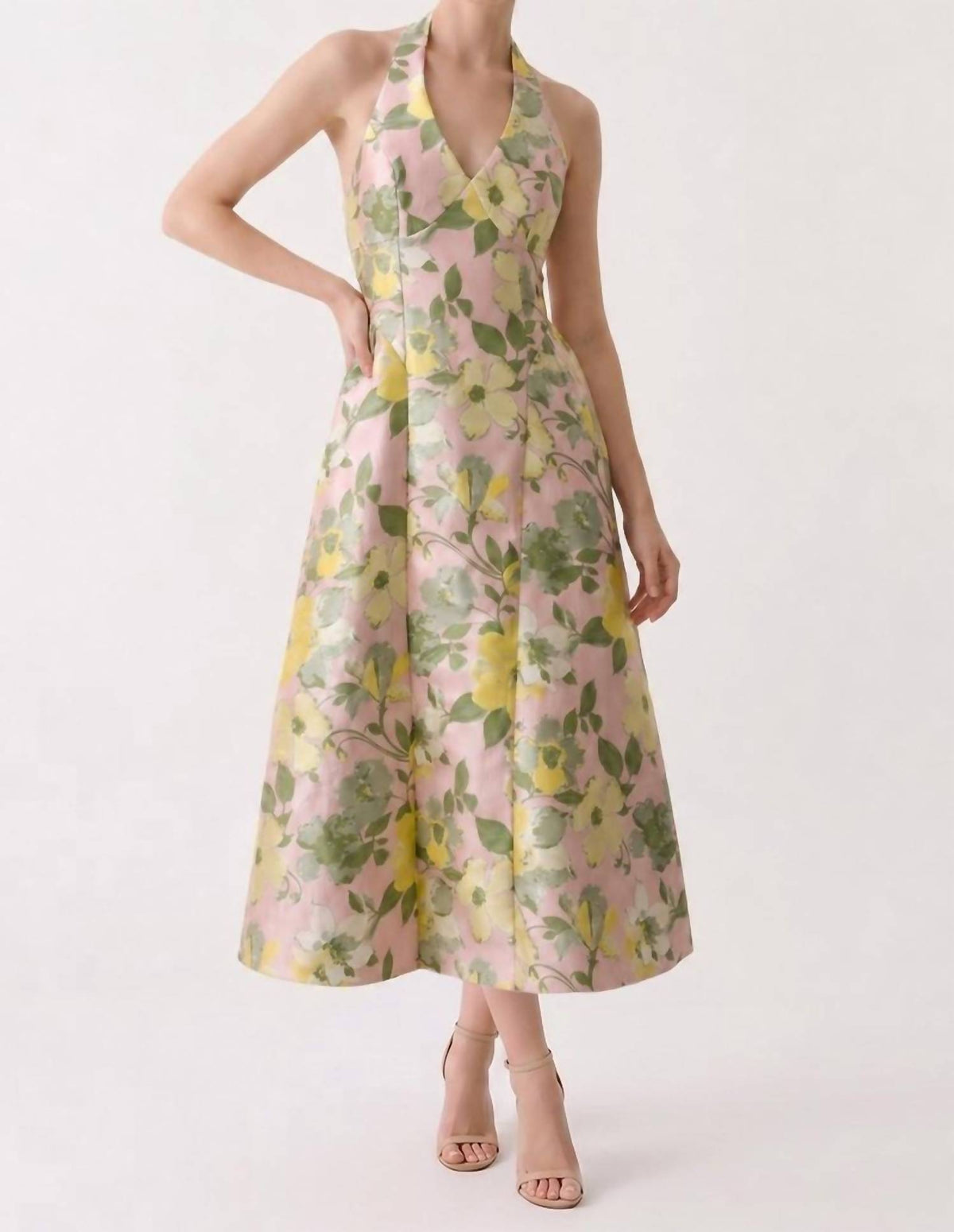 B.Right - FLORAL JACQUARD HALTER DRESS