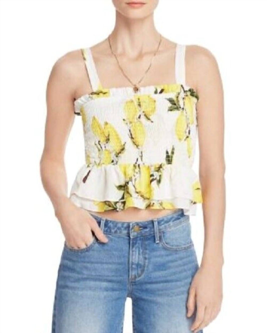 Aqua - Smocked Lemon Print Strappy Crop Top