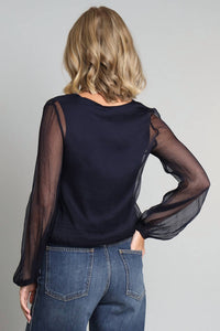 Lola & Sophie Crinkle Chiffon Top in navy - women's blouse - detail view
