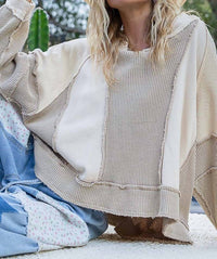 Pol - Notched Neck Contrast Long Sleeve Top