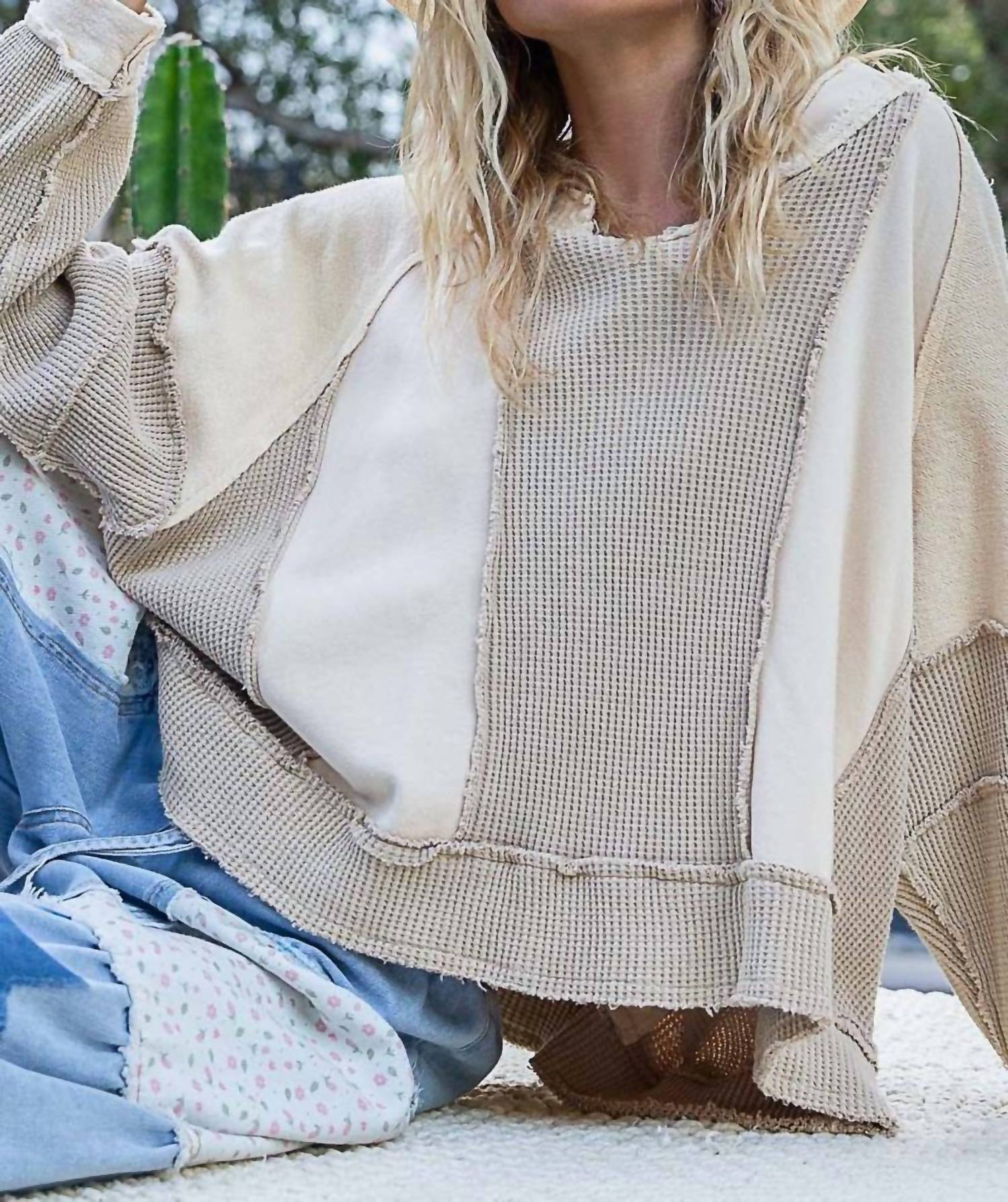 Pol - Notched Neck Contrast Long Sleeve Top