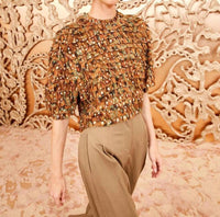 Ulla Johnson Carmella Crinkle Chiffon Blouse in tigers eye - women's blouse - detail view
