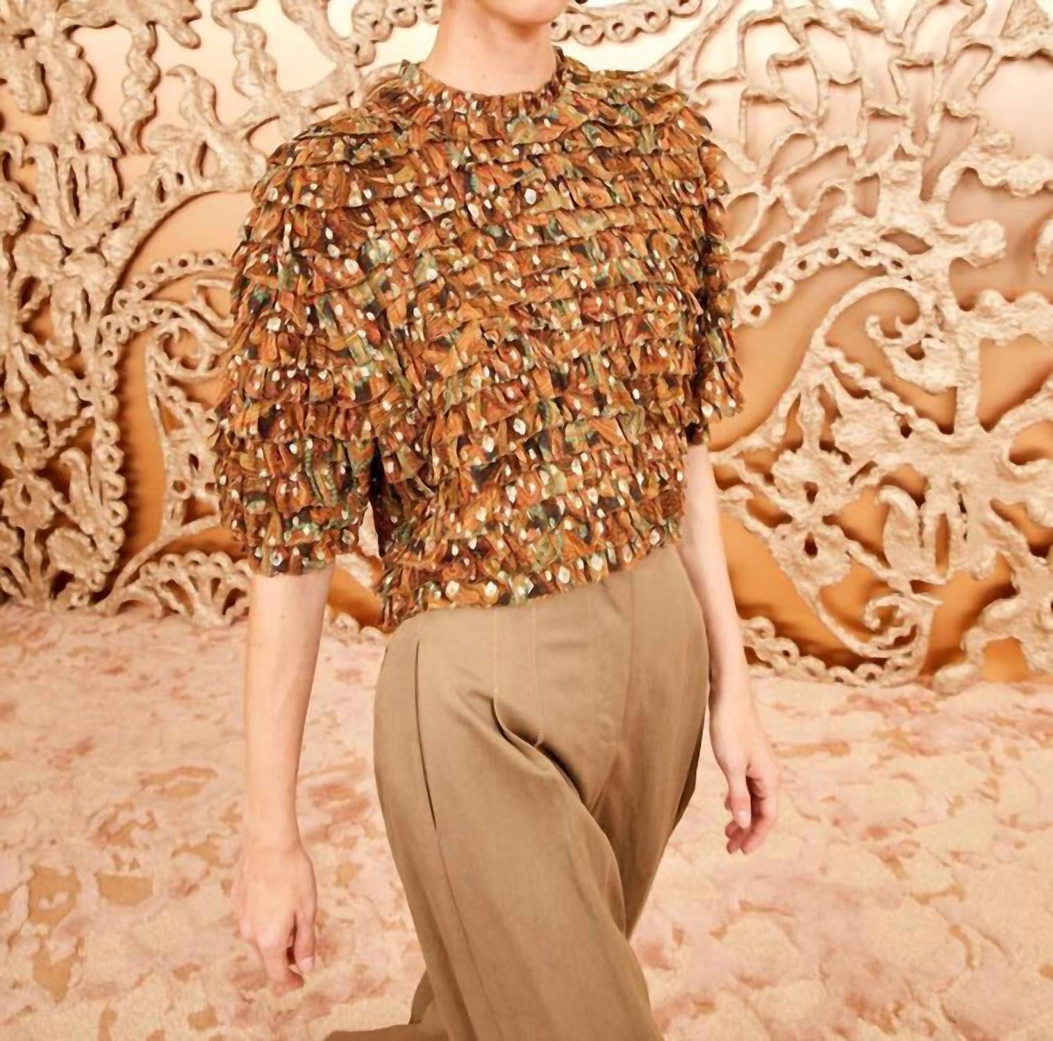 Ulla Johnson Carmella Crinkle Chiffon Blouse in tigers eye - women's blouse - detail view