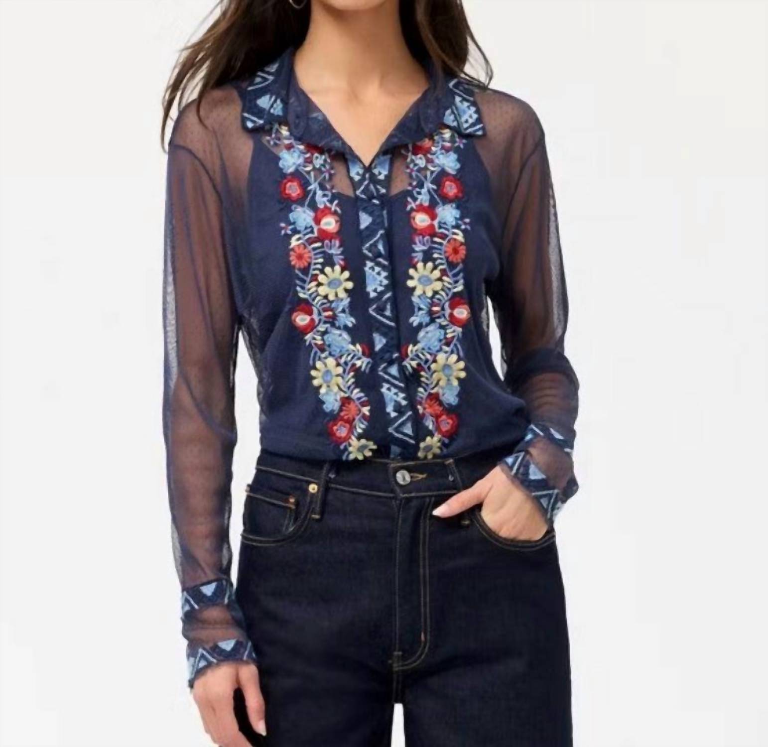 Johnny Was Women's Avelina Torrey Mesh Shirt in blue - women's blouse