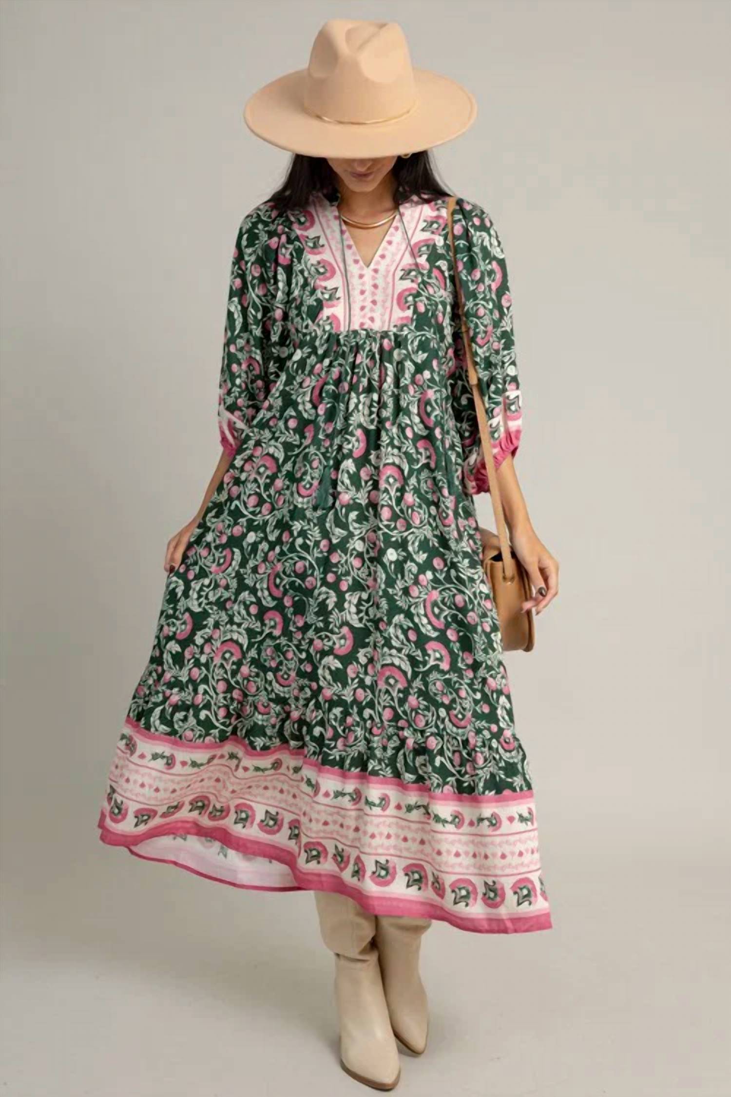 Umgee - Boho Patchwork Print Tiered Midi Dress