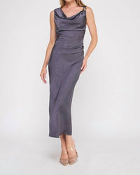 ALLIE ROSE Draped Midi Dress With Brooch Detail in midnight - women's dress