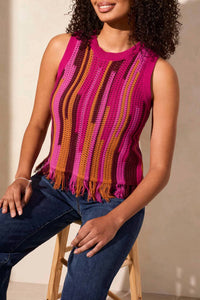 Tribal - Crew Neck Fringed Hem Sweater Cami