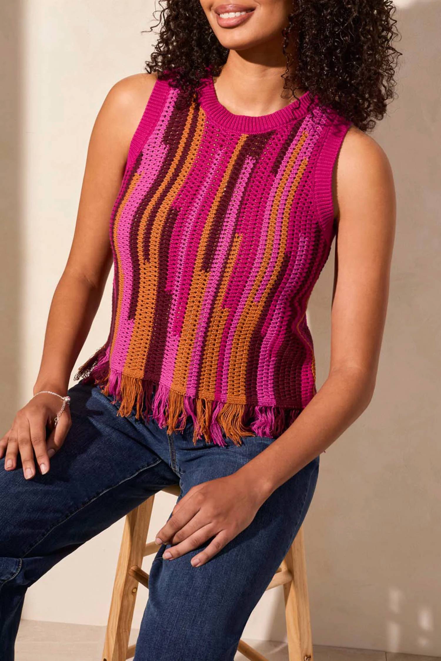 Tribal - Crew Neck Fringed Hem Sweater Cami