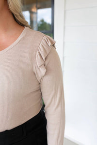 GILLI Ruffled And Ribbed Fitted Top - Plus in beige - women's blouse - alternate view