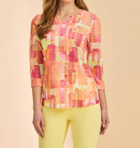 FDJ Quarter Sleeve Notch Neck Top in orange rockefeller - women's long sleeve top