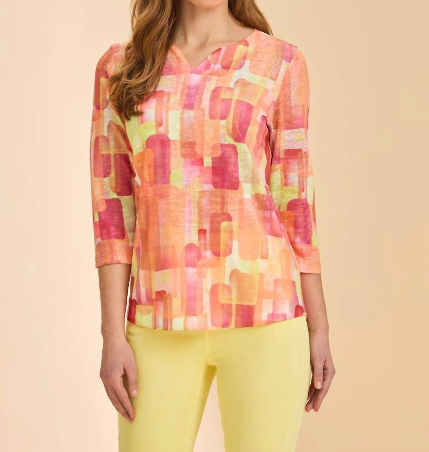 FDJ Quarter Sleeve Notch Neck Top in orange rockefeller - women's long sleeve top