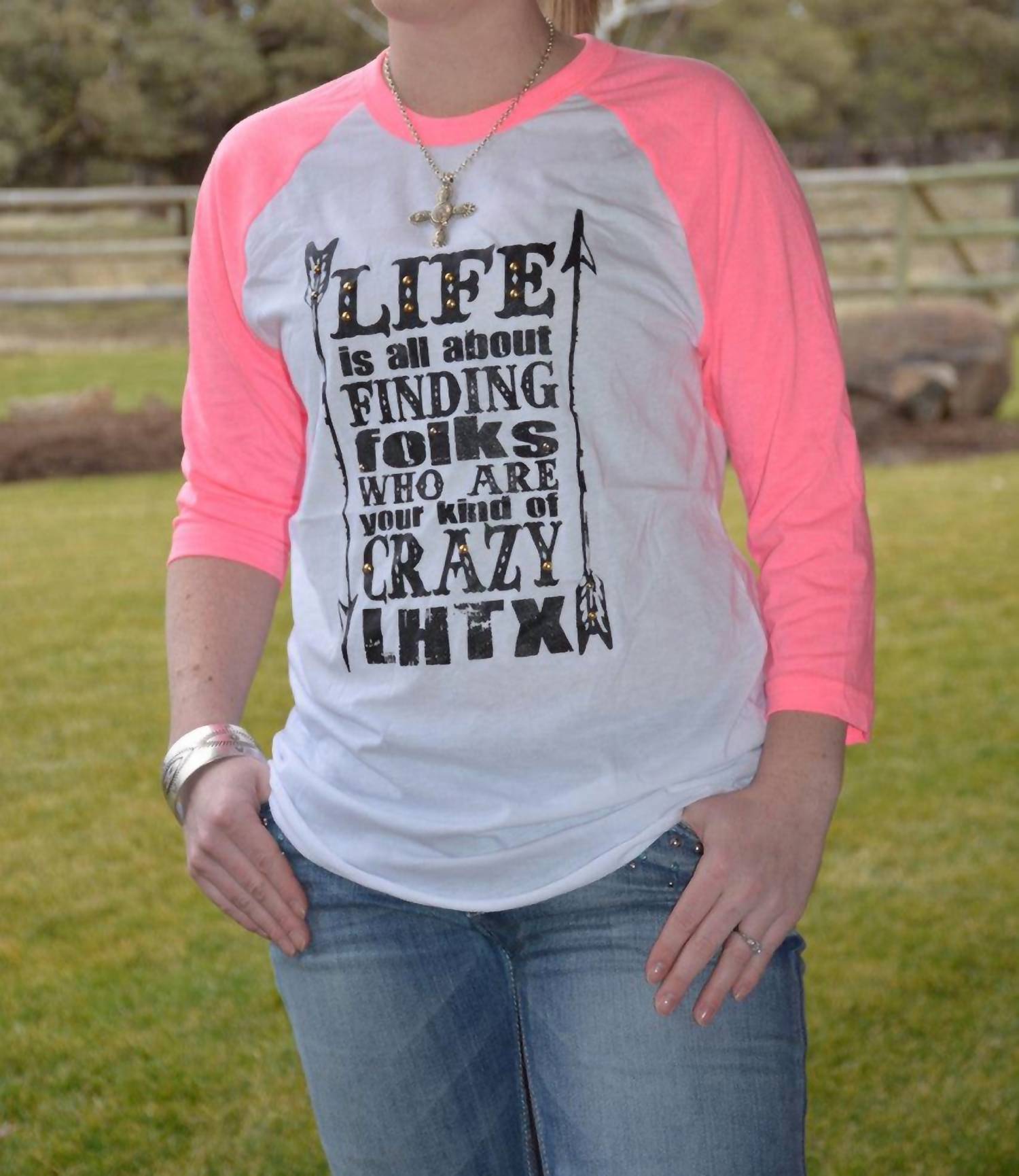 LHTX Life Is About Finding Folks Top in pink white - women's long sleeve top - alternate view