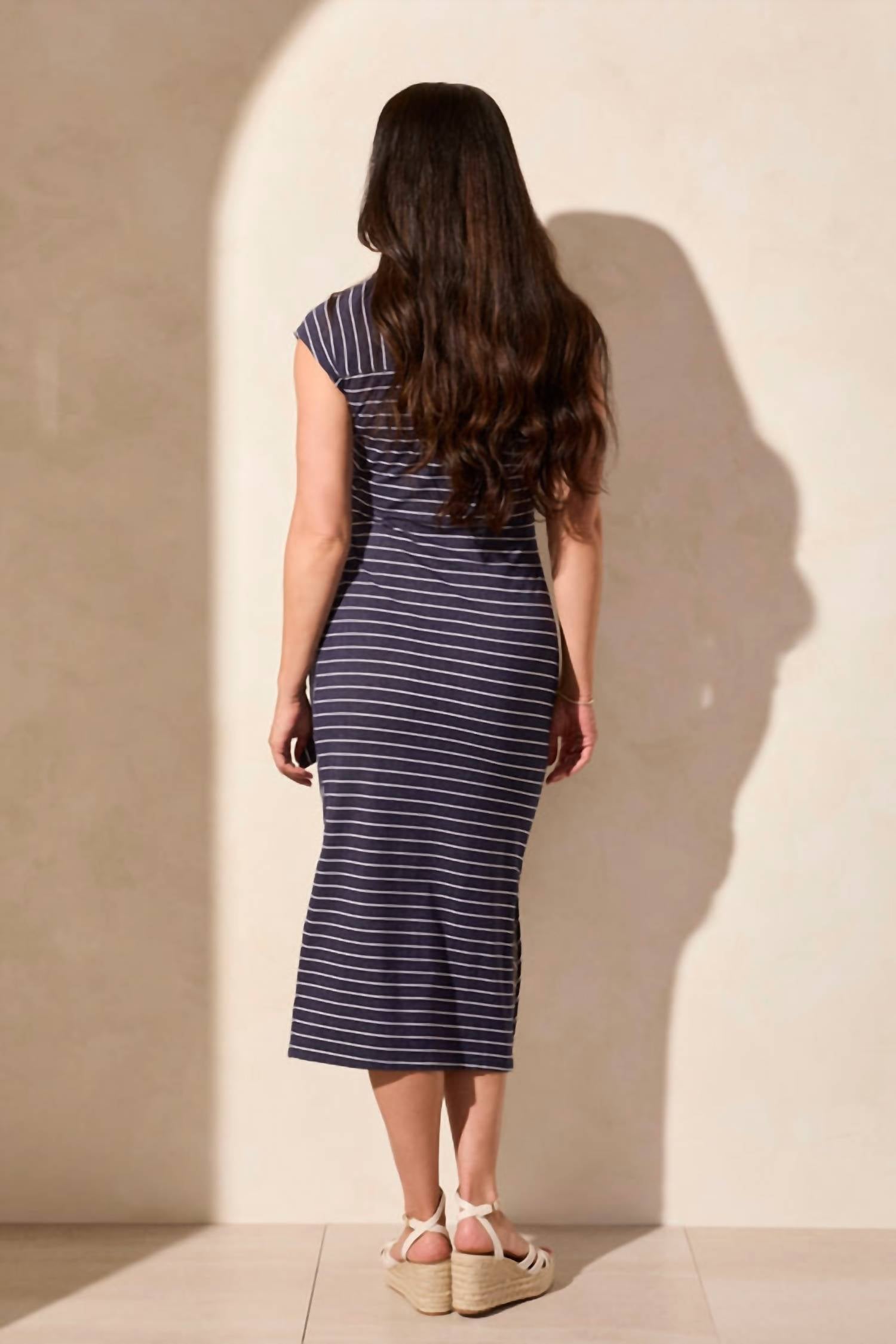 Tribal - Waist Tie Nautical Striped French Terry Dress