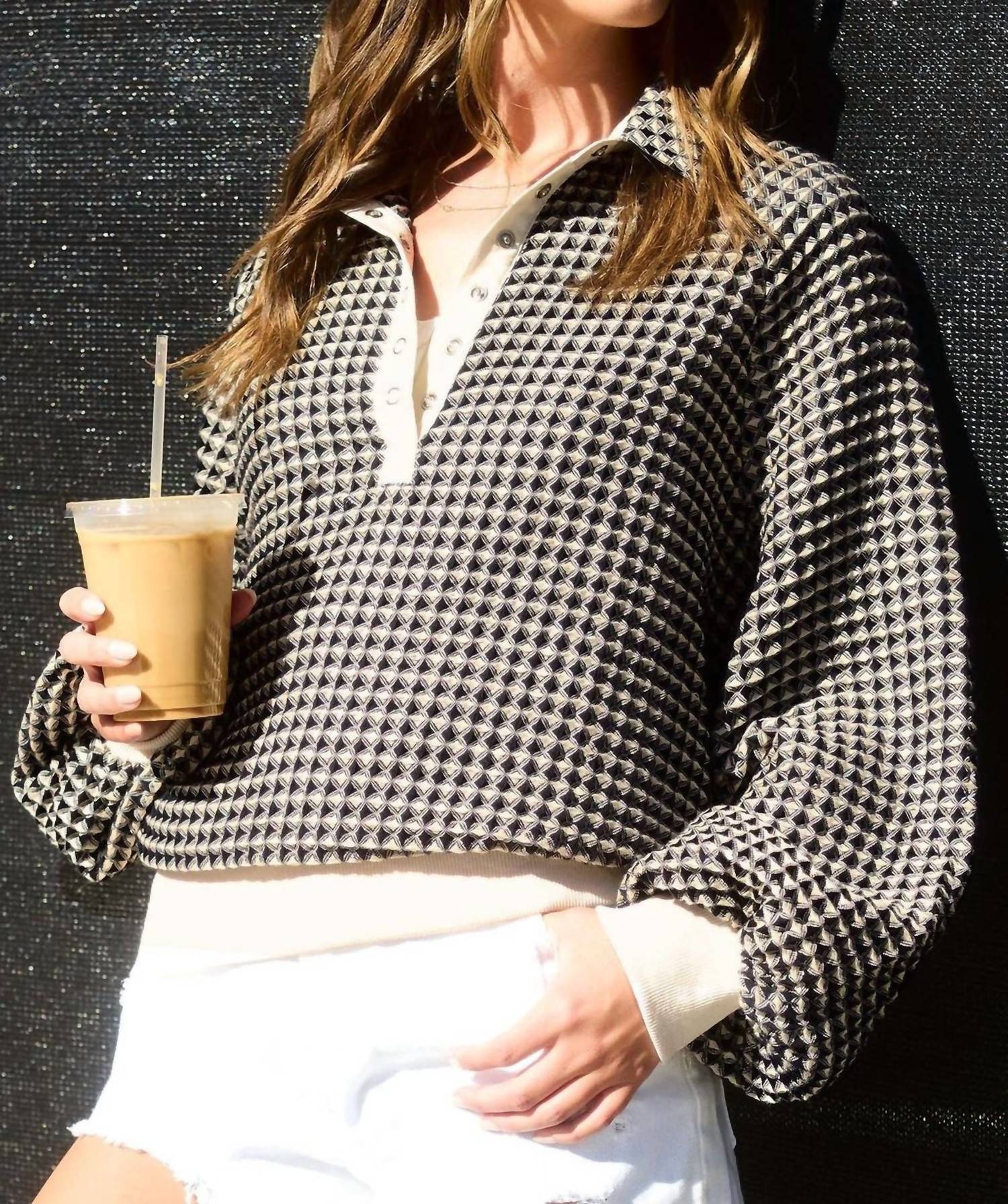 La Miel - Two Tone Textured Snap Button Front Top
