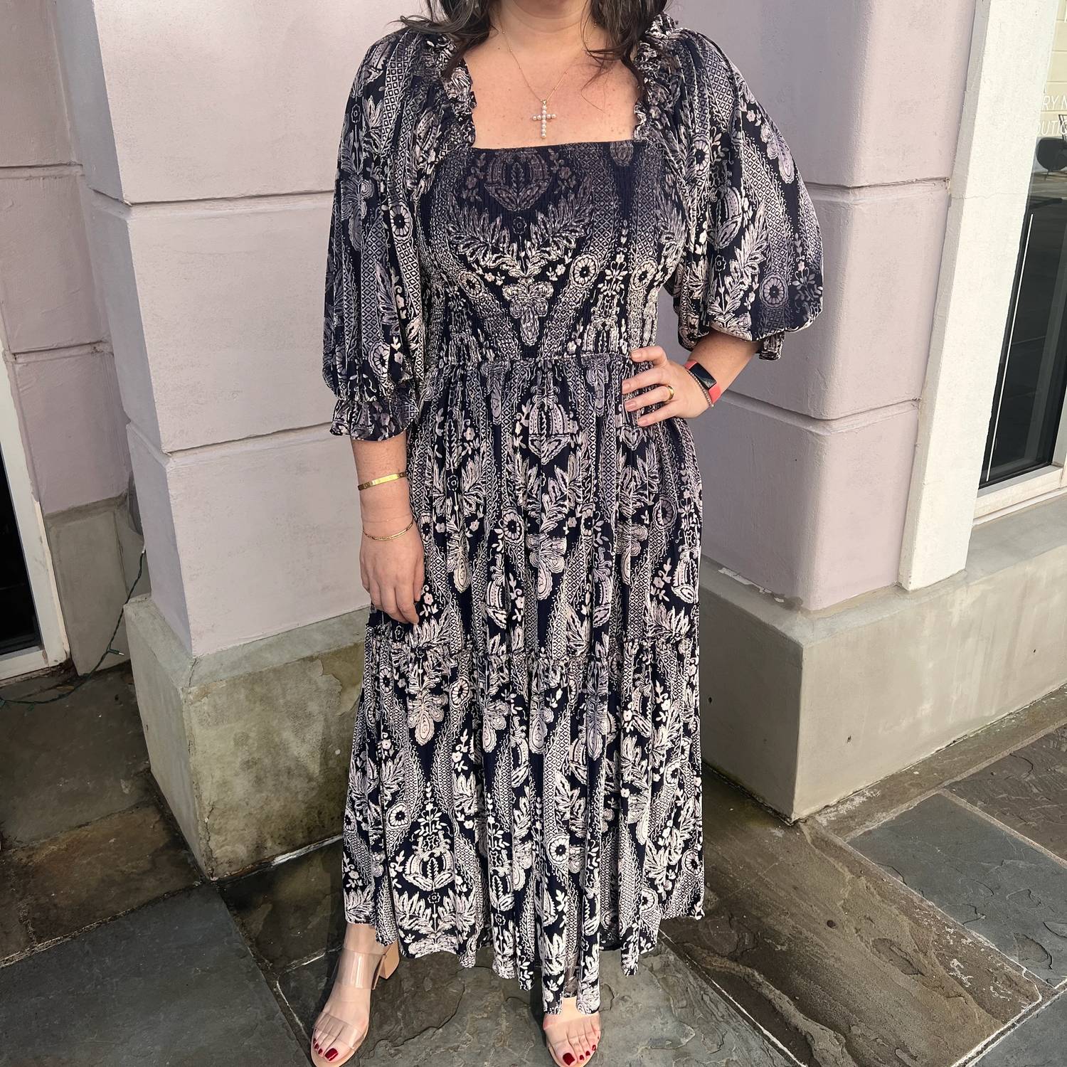 Fate - Burnout Velvet Square Neck Midi Dress