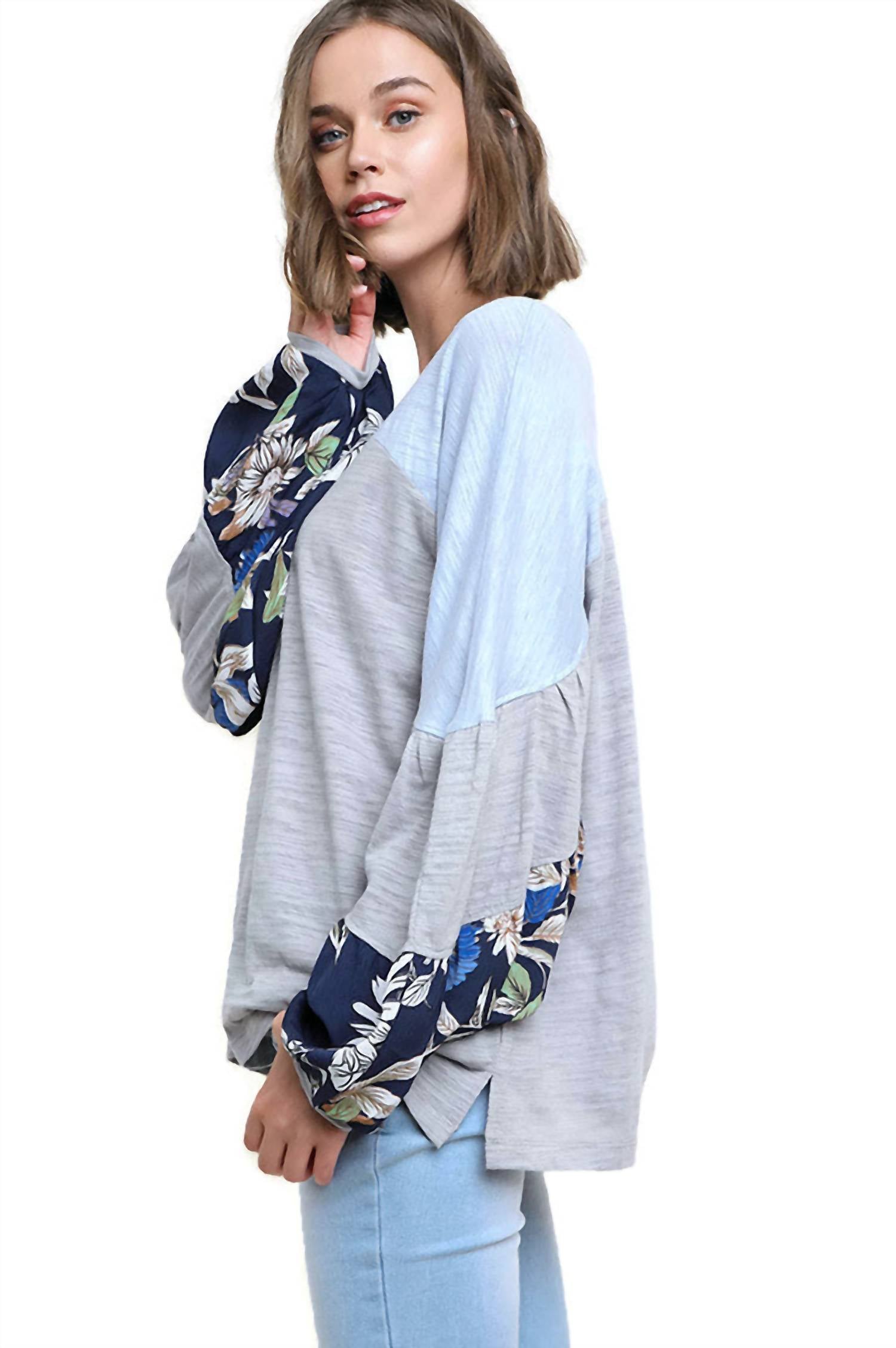 Umgee - Leaf Puff Sleeve Colorblock Top
