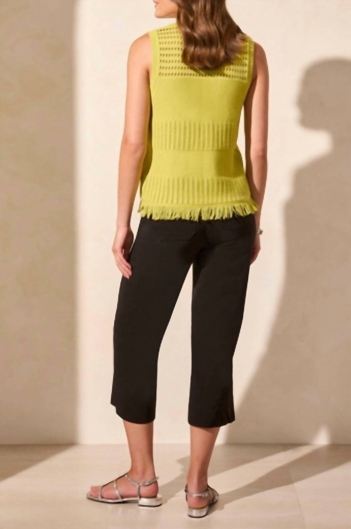 Tribal - Sleeveless Fringe Hem Crew Neck Sweater