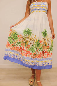 Skies Are Blue - Talli Tropical Scenic Print Sleeveless Midi Dress