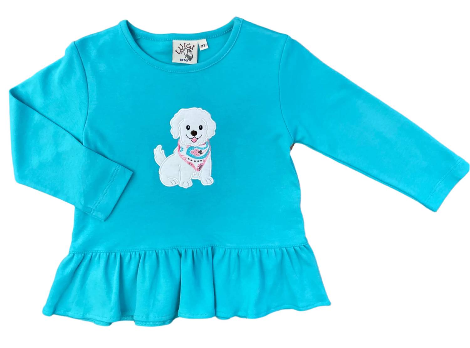 Luigi Kids - Girl's Dog With bandana Applique Ruffle Bottom Tee