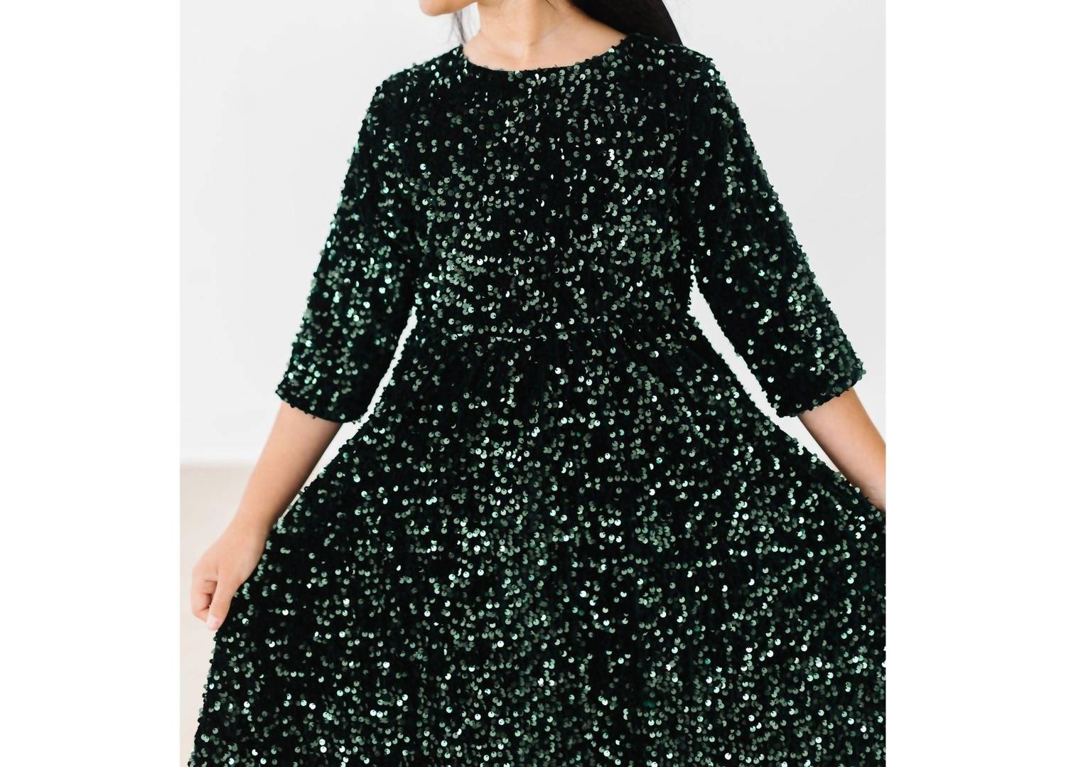 Mila & Rose Velvet Sequin Dress in hunter green - kids' dress - detail view