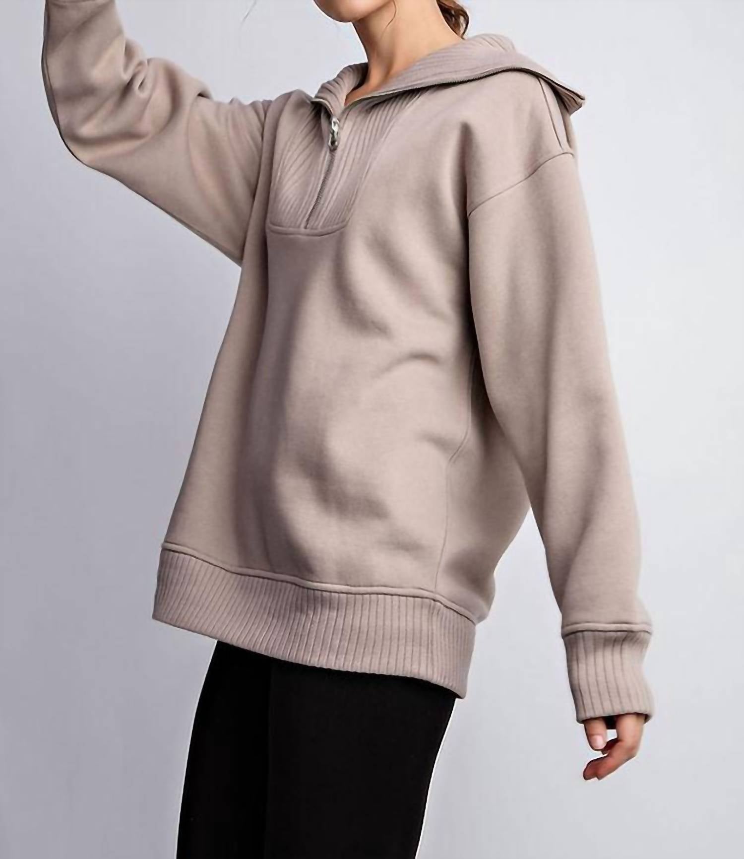 RAE MODE French Terry Fleece Ribbed Mock Neck Pullover Top in taupe - women's long sleeve top - view 4