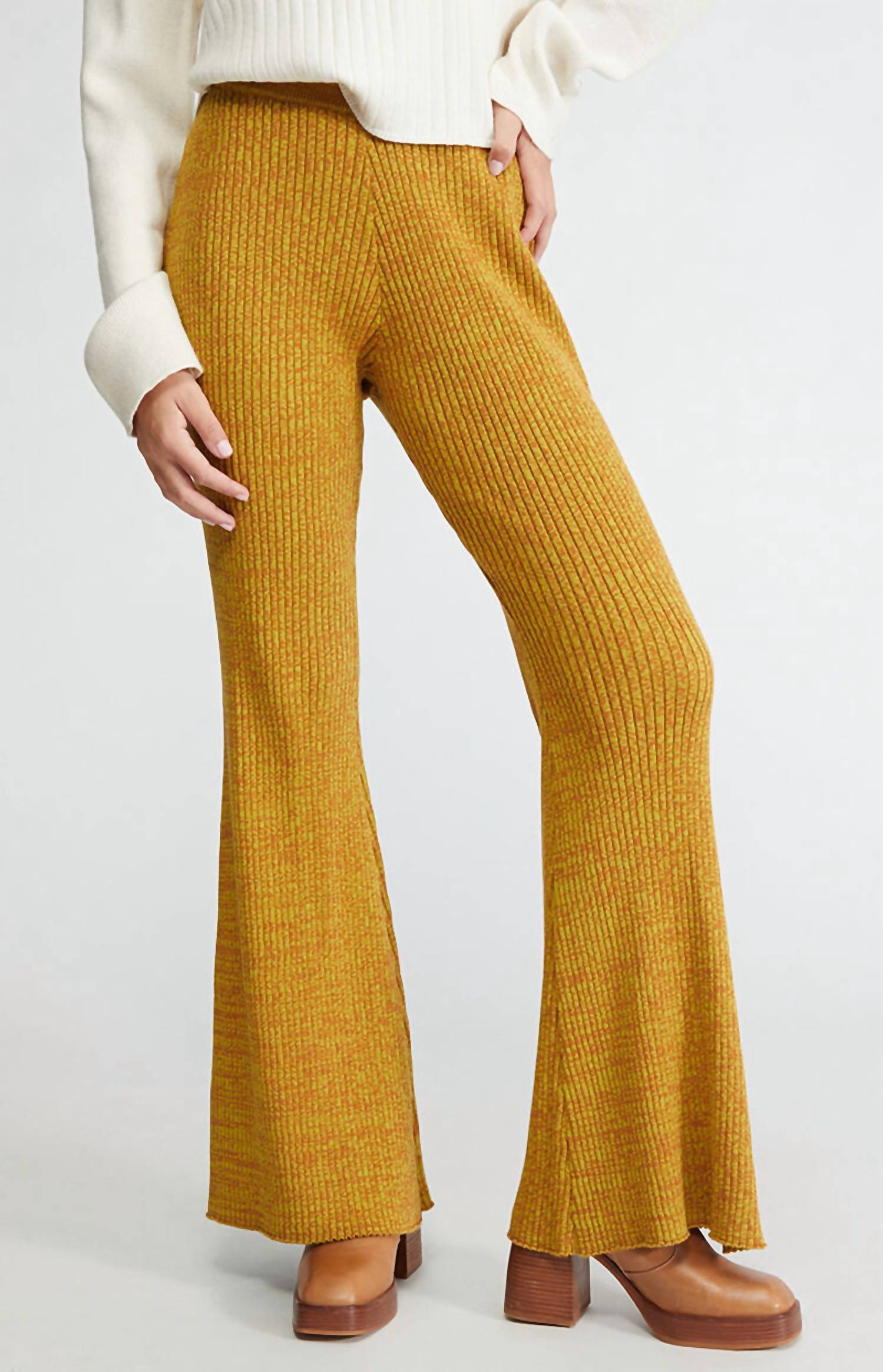 ANOTHER GIRL Ribbed Flare Pants in mustard - women's pants