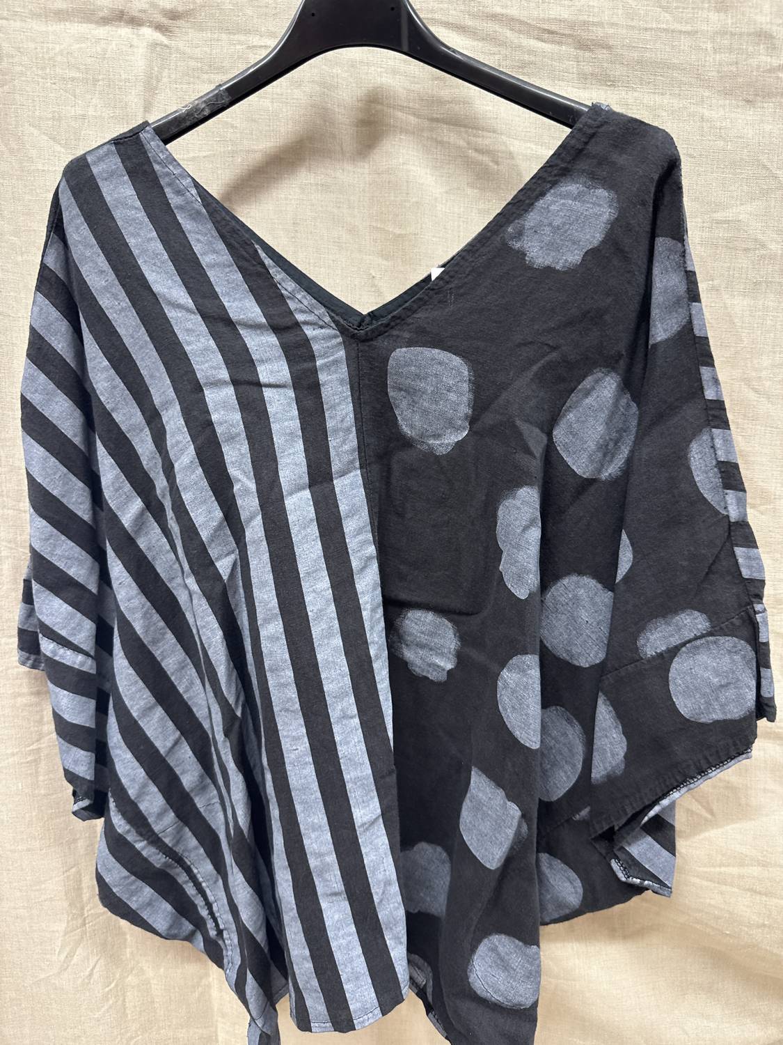 Liabella Women's Linen Short Sleeve V Neck Top in black gray - women's blouse
