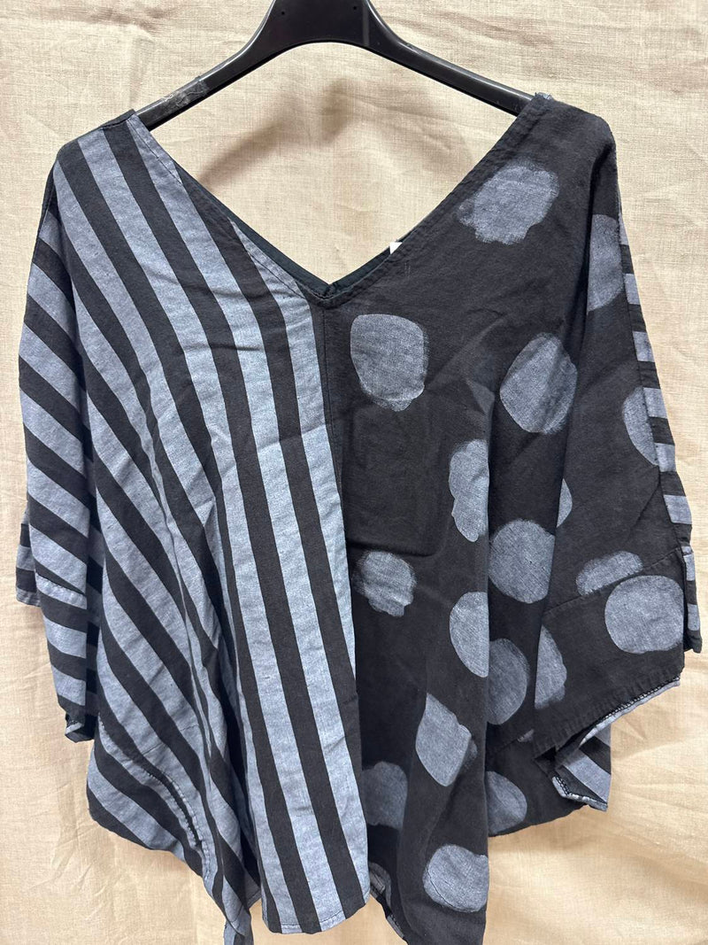 Liabella Women's Linen Short Sleeve V Neck Top in black gray - women's blouse