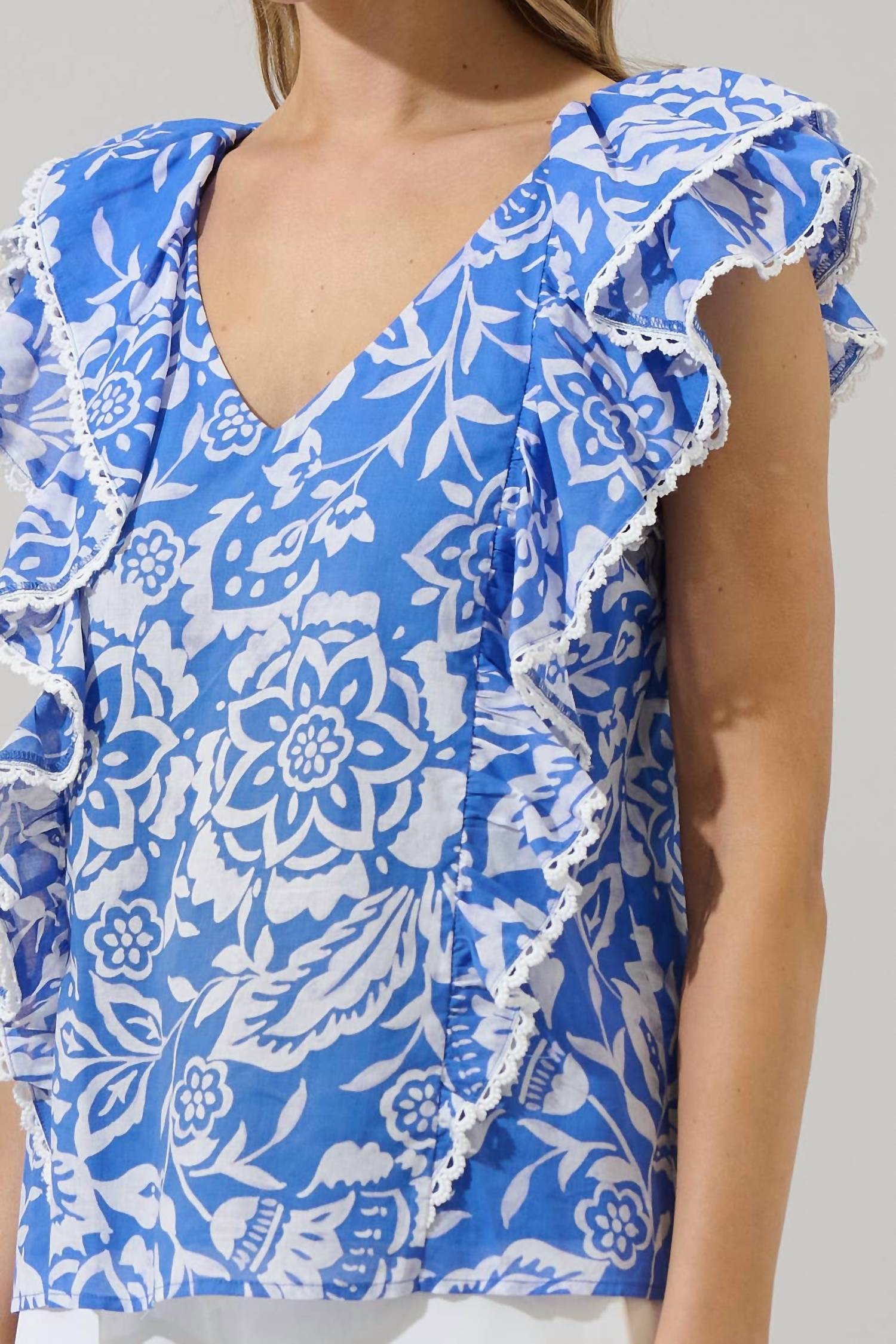 SUGARLIPS Women's Floral Ziva Ruffle Blouse in blue white - women's blouse - view 4