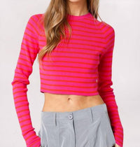 OLIVACEOUS Striped Rib Knit Crop Top in fuchsia orange - women's shirt