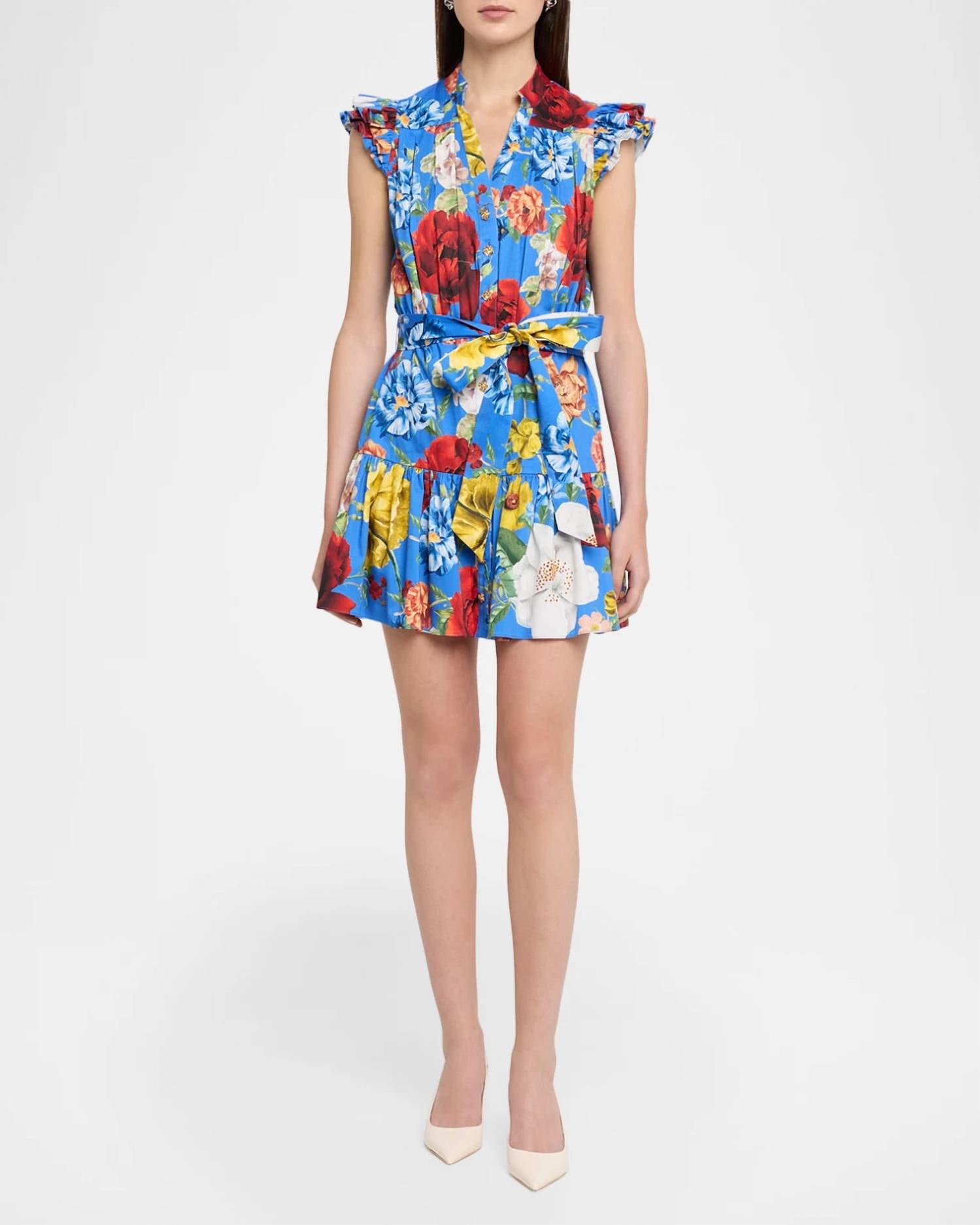 Alice + Olivia - Cora Flutter Sleeve Tiered Mini Shirt Dress