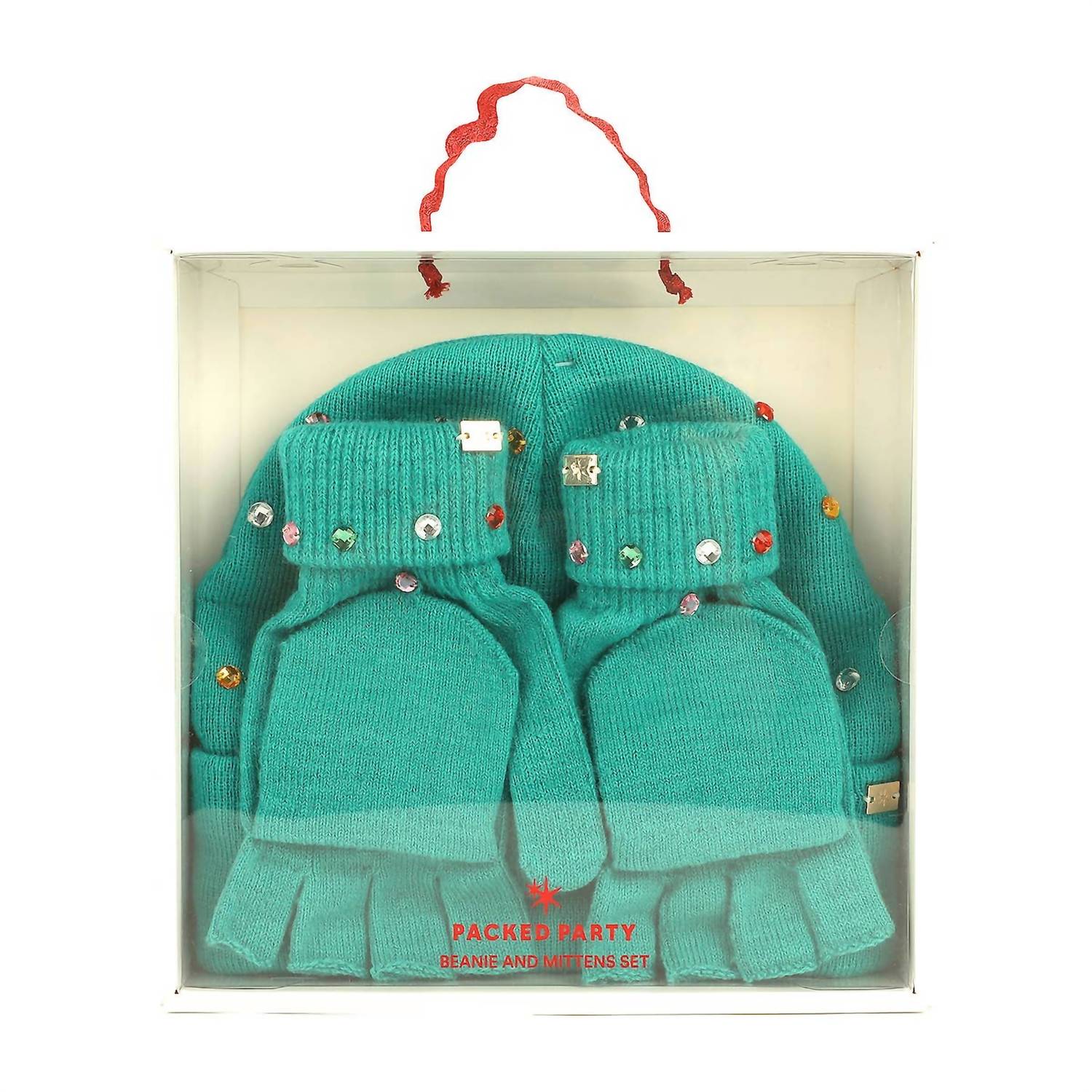 Packed Party - Knit Rhinestone Beanie And Mittens Set