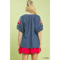 Style Usa - Women's Denim Embroidered Puff Sleeve Boho Top