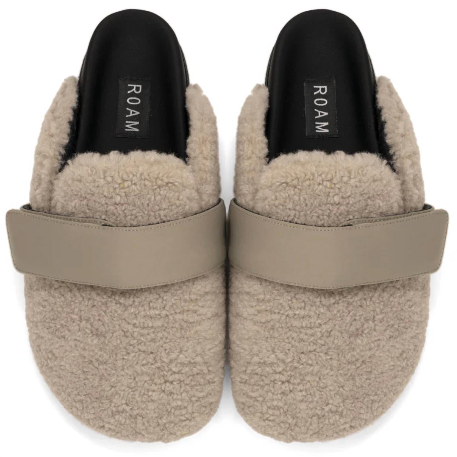 ROAM Fuzzy Loafer Mule in cement - women's shoe - detail view