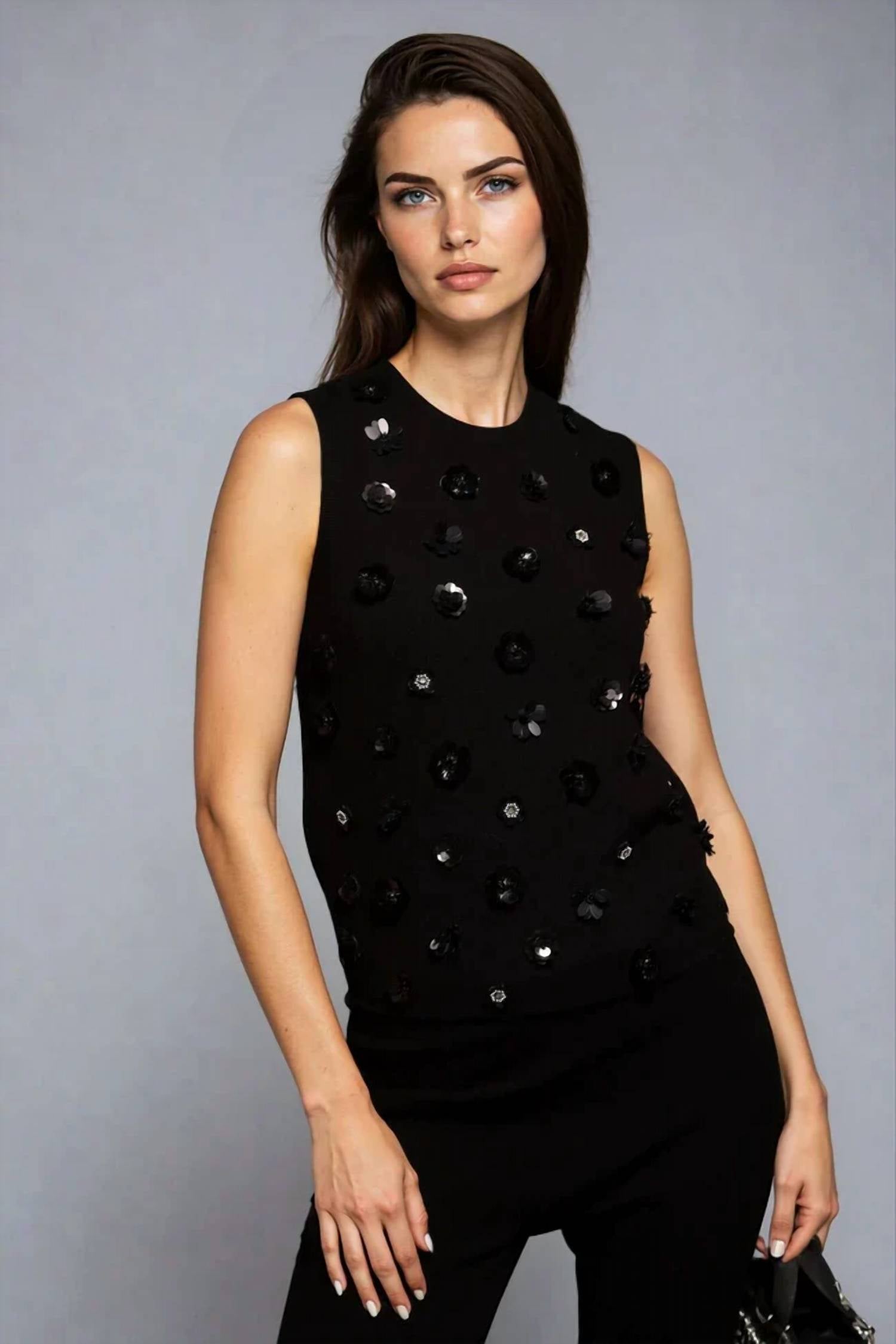 Minnie Rose - Viscose Shell With Floral Sequin Applique Top