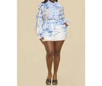 The Sang - Women's Floral Tied Neck Blouse With Short Set