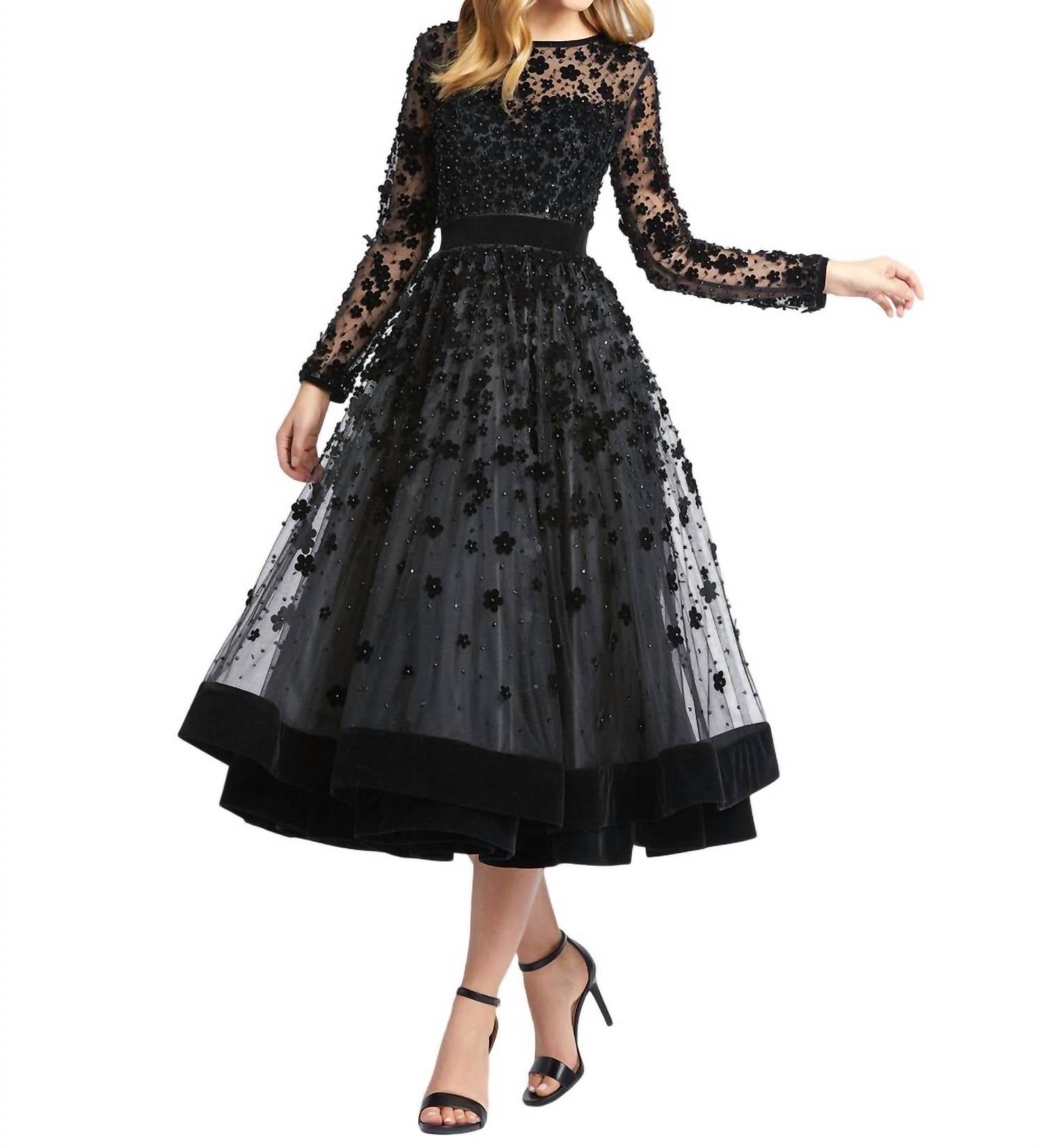 MAC DUGGAL Long Sleeve Tea-length Formal Dress in black - women's dress