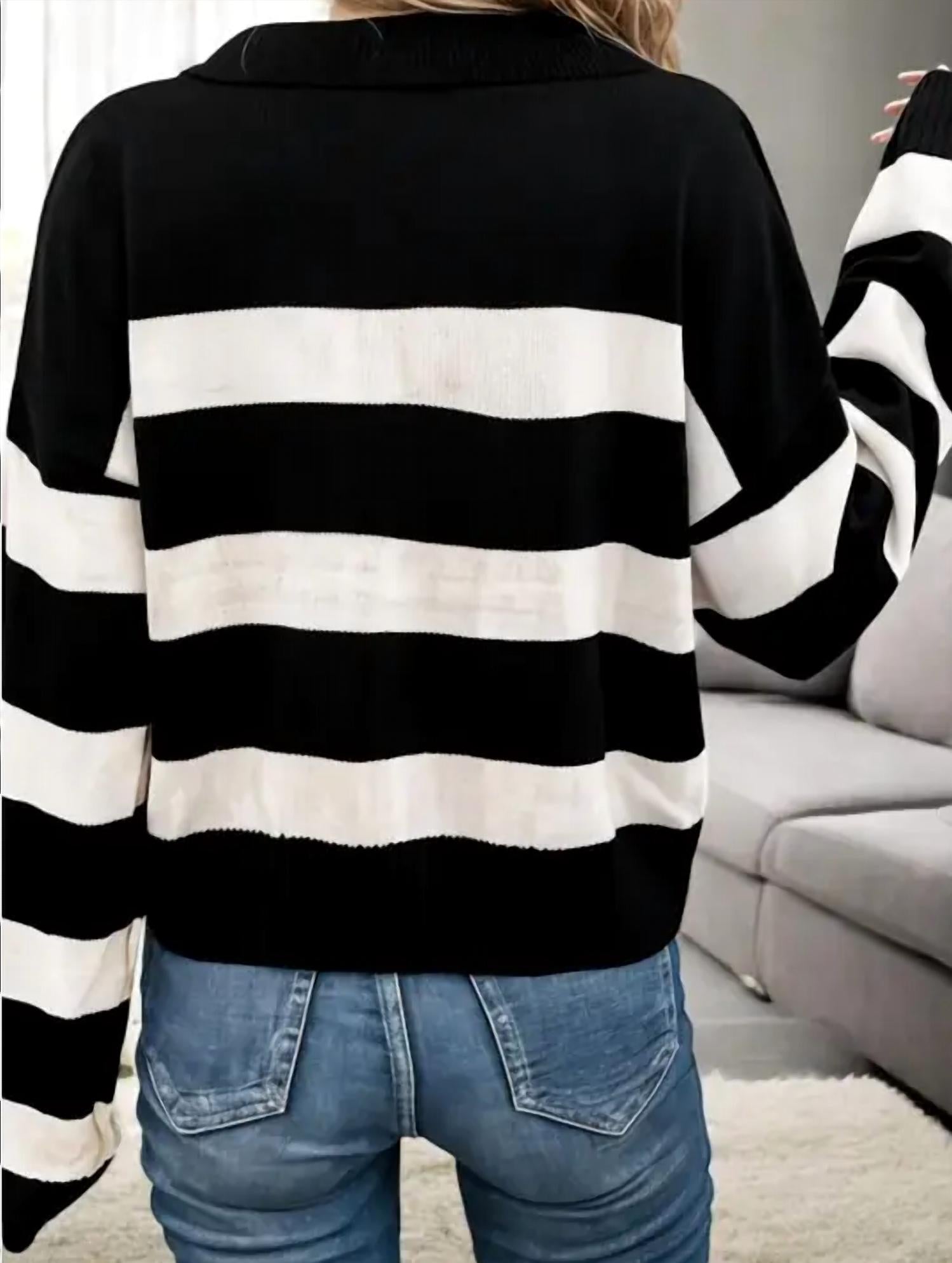 Anna-Kaci Amika Striped Collared Sweater in black white - women's sweater - detail view
