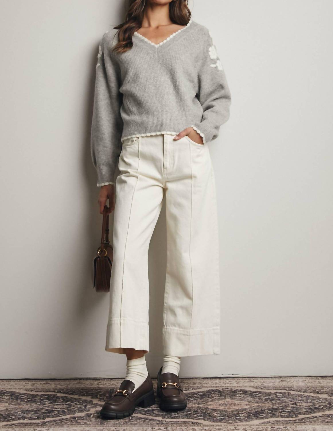 Forte - Floral Applique V-Neck Sweater