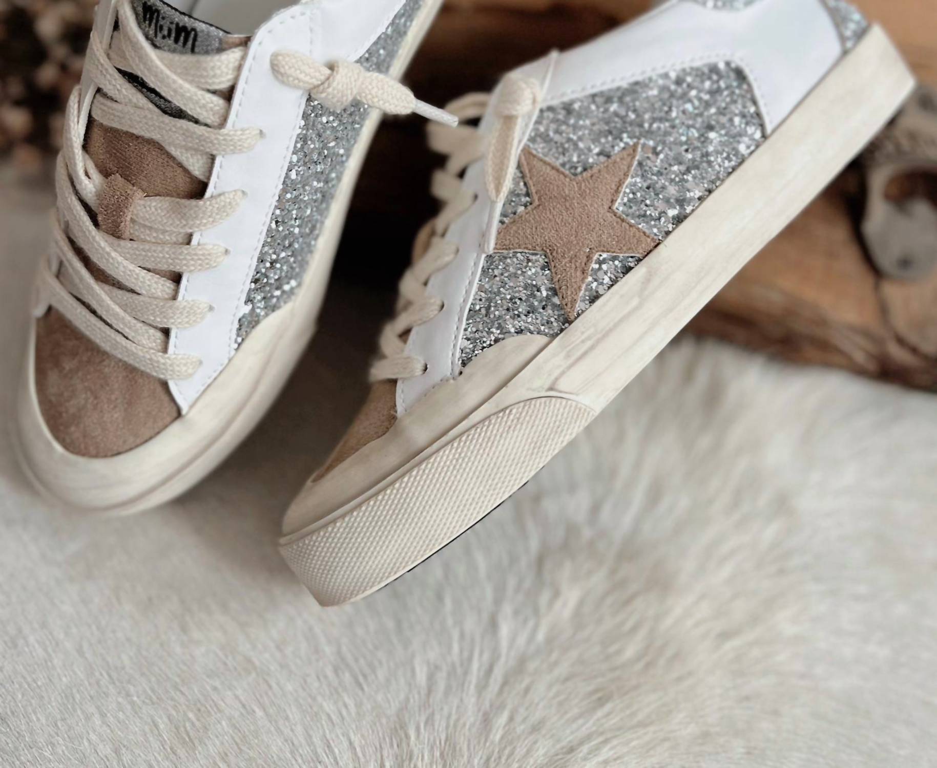 MiiM Women's Lace-up Glitter Leather Star Sneakers in taupe - women's sneaker - detail view