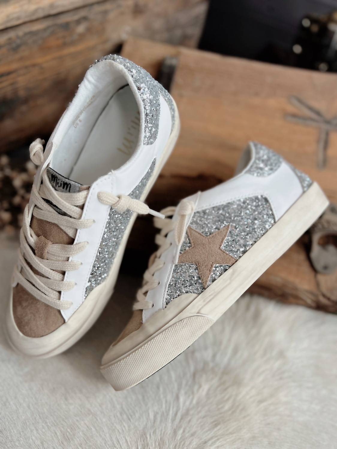 MiiM Women's Lace-up Glitter Leather Star Sneakers in taupe - women's sneaker - alternate view