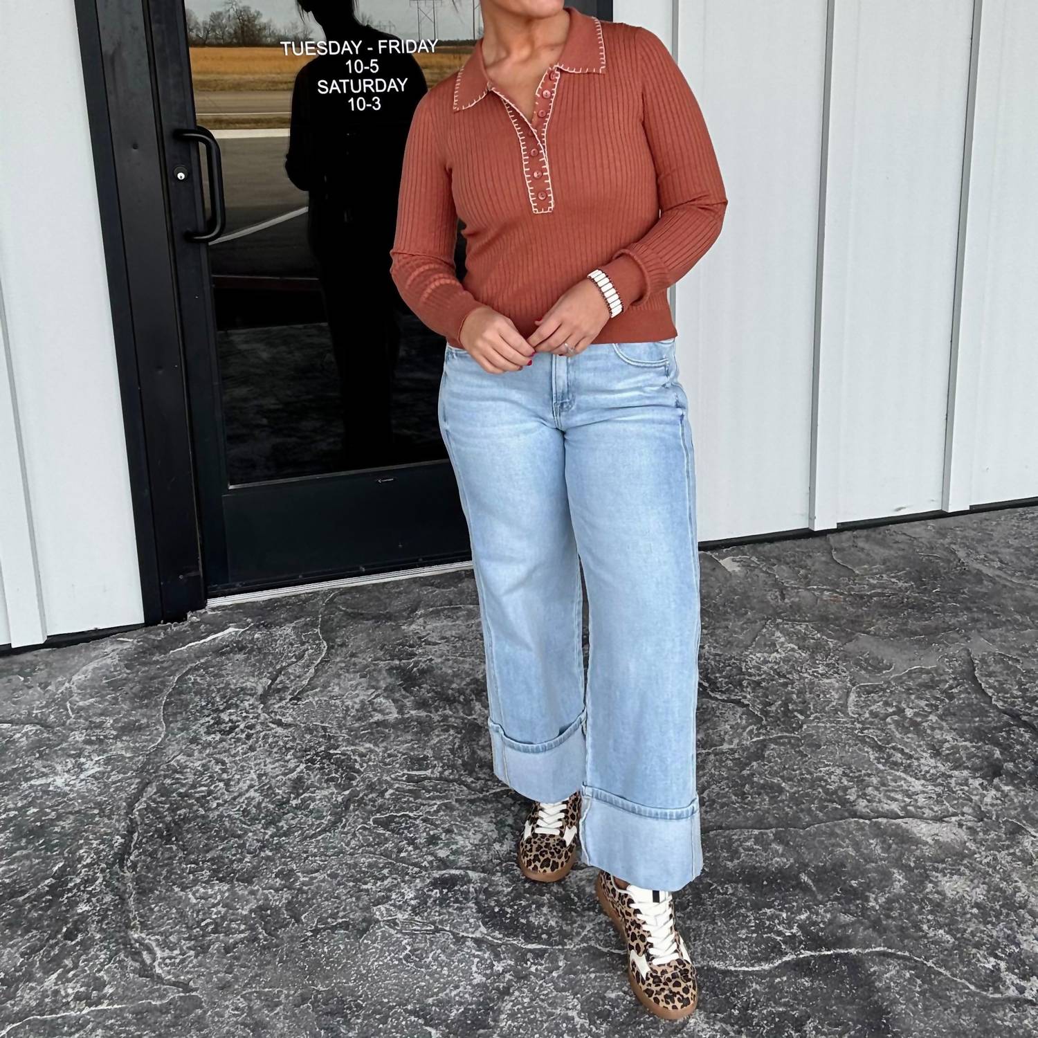 Listicle Contrast Stitch Collared Top in terracotta - women's blouse - detail view