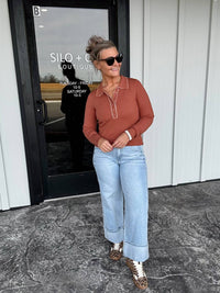 Listicle Contrast Stitch Collared Top in terracotta - women's blouse - alternate view