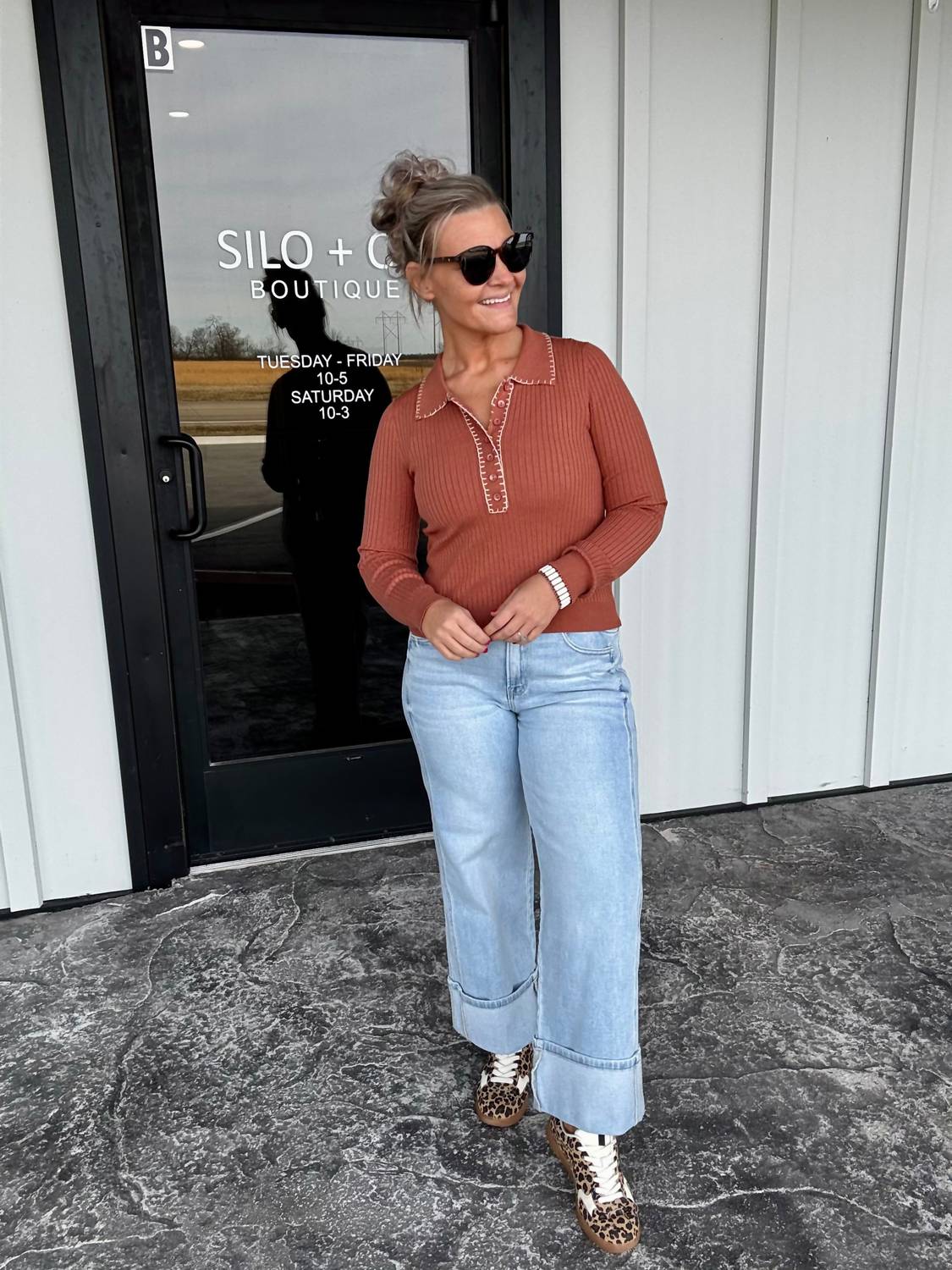 Listicle Contrast Stitch Collared Top in terracotta - women's blouse - alternate view