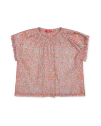 Oilily Bazar Ruffle Short Sleeve Blouse in pink floral - kids' blouse - detail view