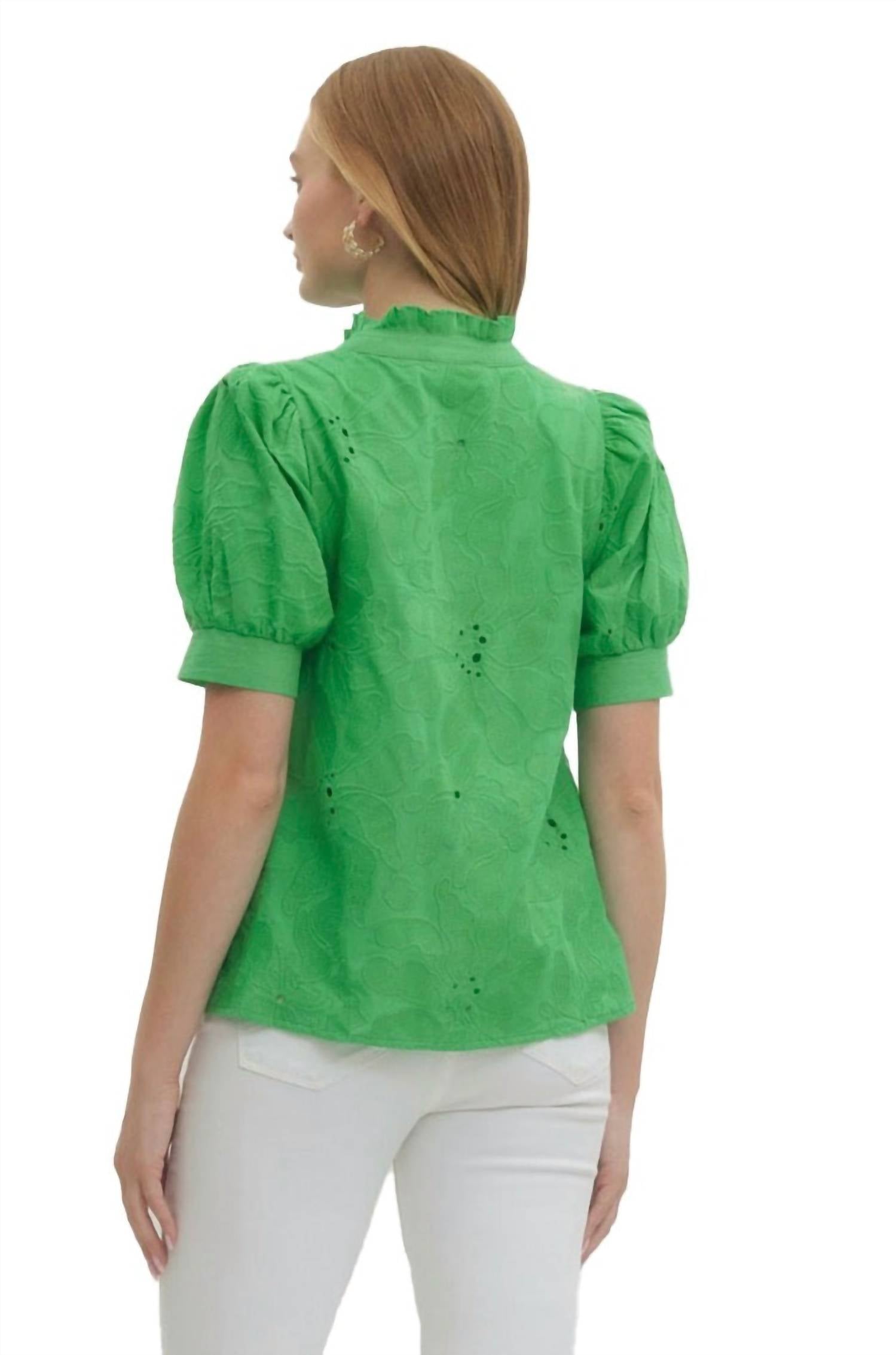 entro Floral Embroidered V-neck Puff Sleeve Top in green - women's t-shirt - detail view