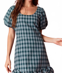 Peach Love Plaid Puff Ruffle Open Back Mini Dress in dark hunter green - women's dress - view 4